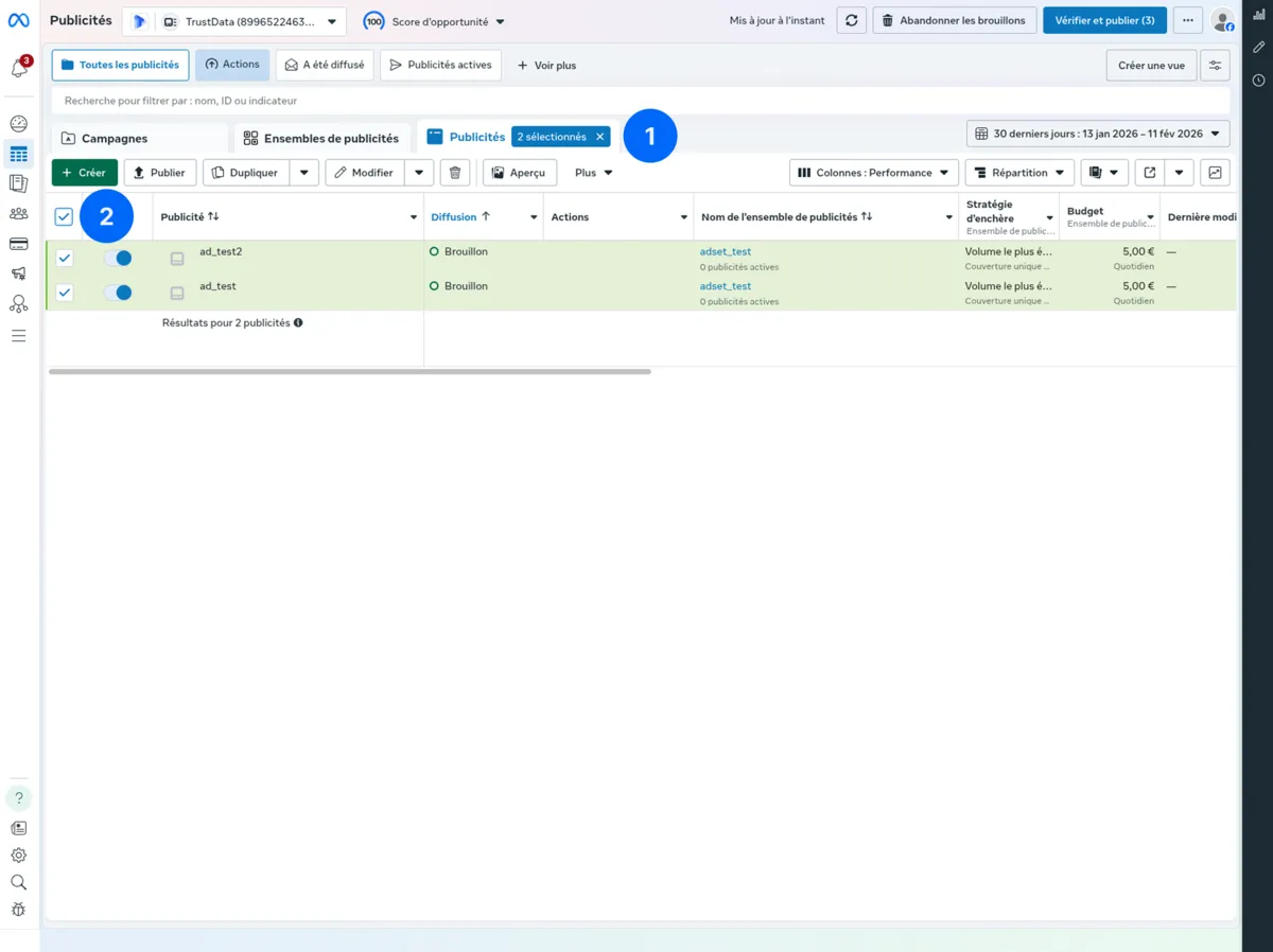 Meta Ads Manager - Select ads