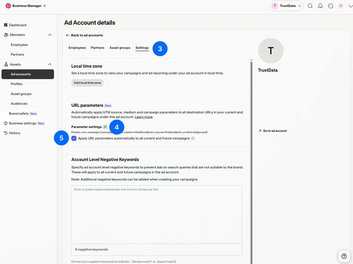Pinterest Business Manager - Ad account Settings tab with URL parameters
