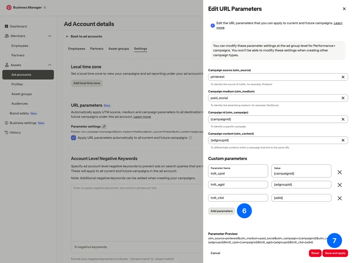 Pinterest - Edit URL Parameters modal with custom parameters