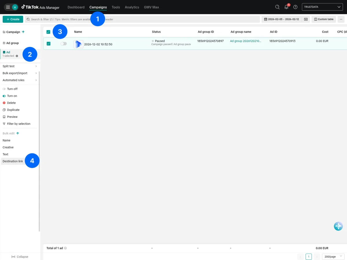 TikTok Ads Manager - Select ads and edit destination link