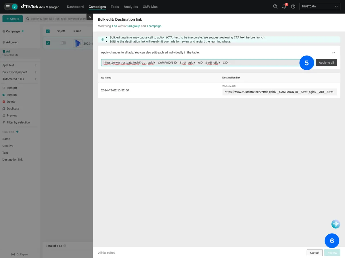 TikTok Ads Manager - Paste tracking URL and apply